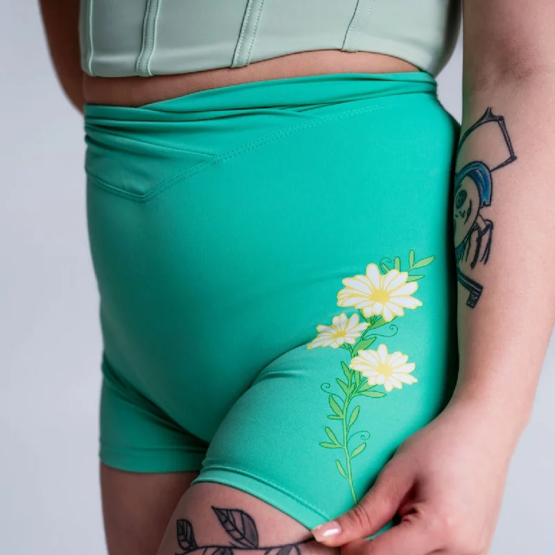 GREEN DAISY- CROSS-OVER WAIST SHORTS -4" INSEAM