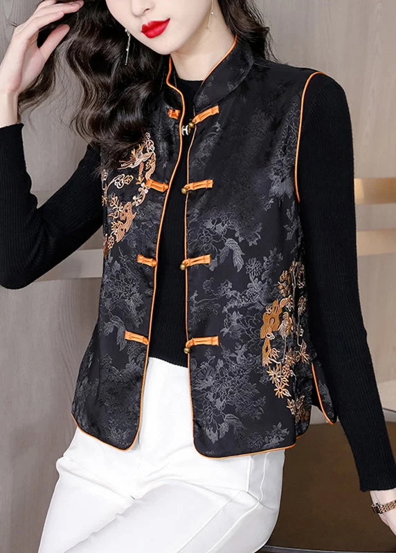 Chic Black Stand Collar Embroideried Floral Button Silk Waistcoat Sleeveless