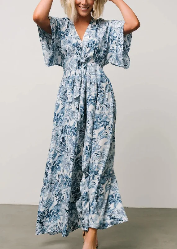 Bohemian Blue Print Lace Up Pockets Cotton Jumpsuit Summer