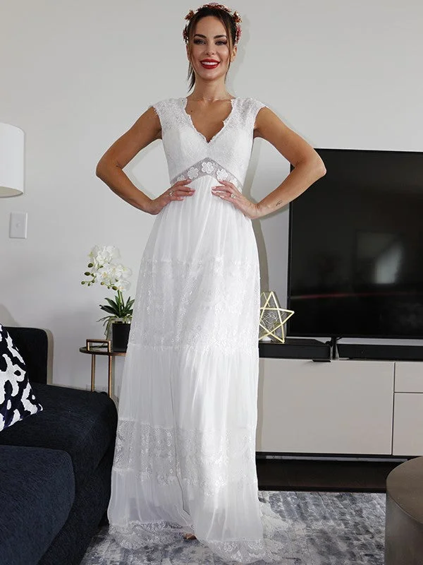 A-Line/Princess V-neck Short Sleeves Lace Ruched Floor-Length Wedding Dresses