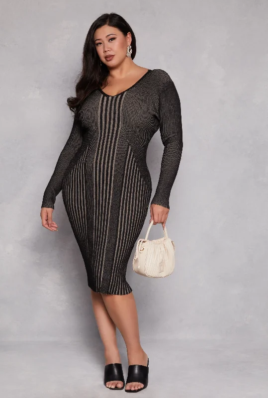 Plus Size Almost Famous Stripe V Neck Sweater Dress