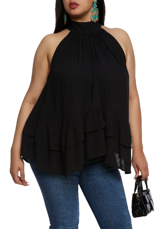 Plus Size Tiered Hem Halter Neck Blouse