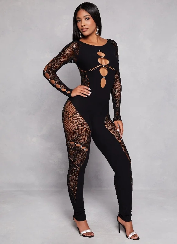 Rhinestone Cut Out Seamless Catsuit