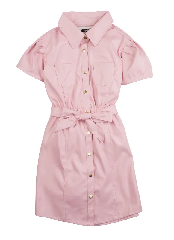 Girls Faux Leather Tie Waist Shirt Dress