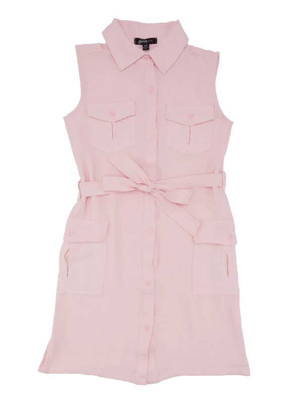 Girls Sleeveless Tie Waist Belted Shirt Dress