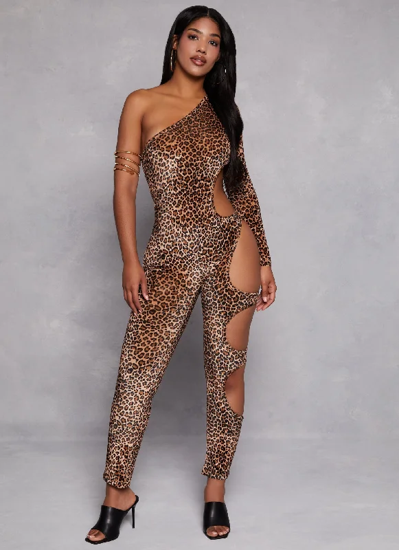 Leopard Cut Out One Shoulder Catsuit