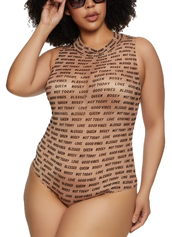 Plus Size Mesh Velvet Burnout Sleeveless Graphic Bodysuit