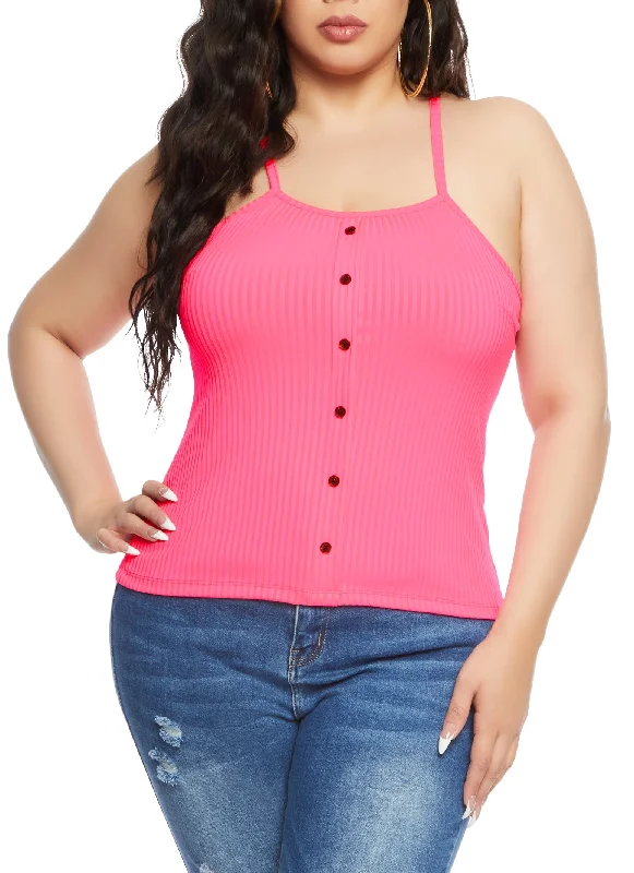 Plus Size Ribbed Faux Button Front Cami