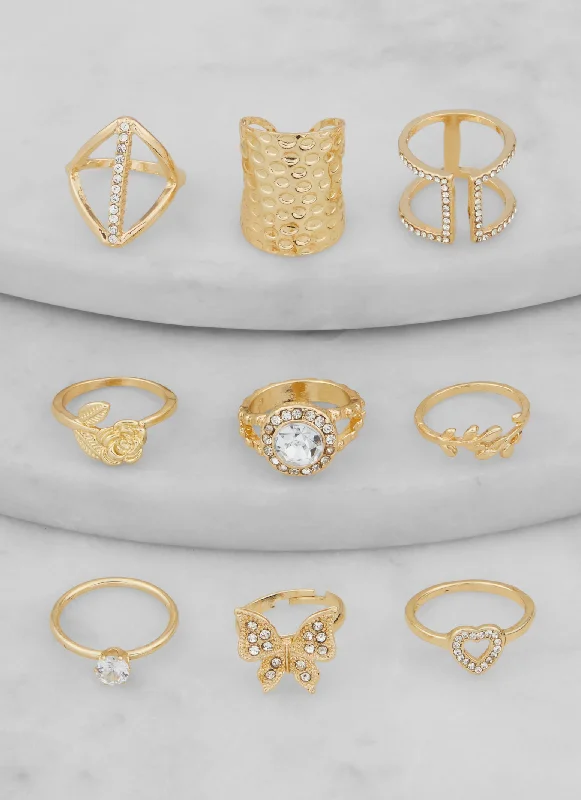 Metallic Cubic Zirconia Shaped Rings Set of 9