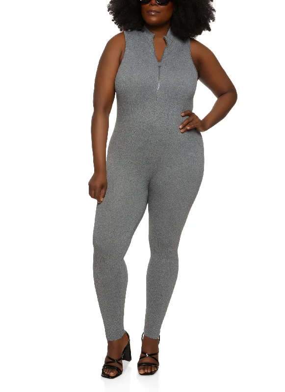 Plus Size Sleeveless Half Zip Catsuit