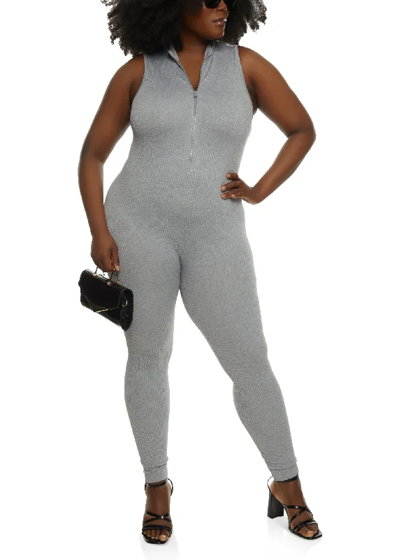 Plus Size Sleeveless Half Zip Catsuit