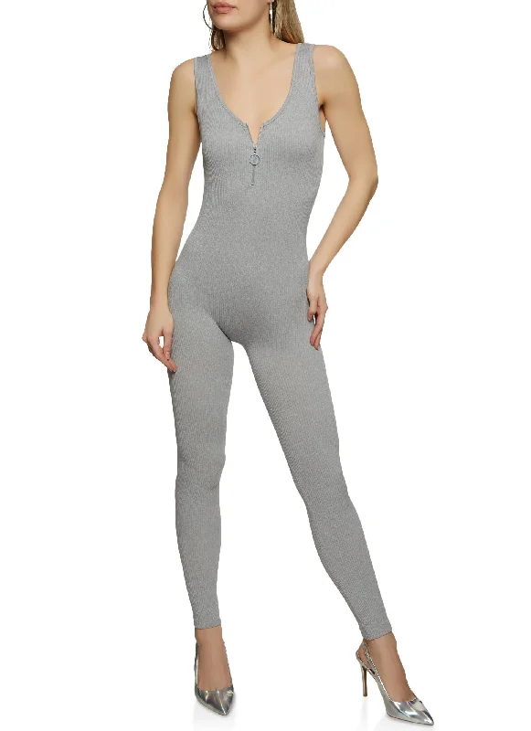 Ribbed Zip Neck Sleeveless Catsuit