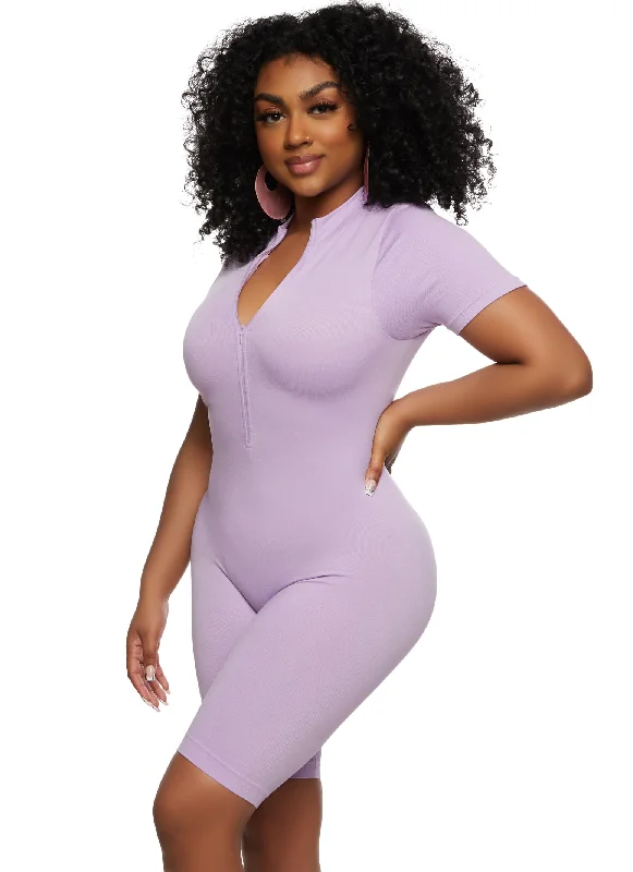 Seamless Ribbed Zip Front Romper