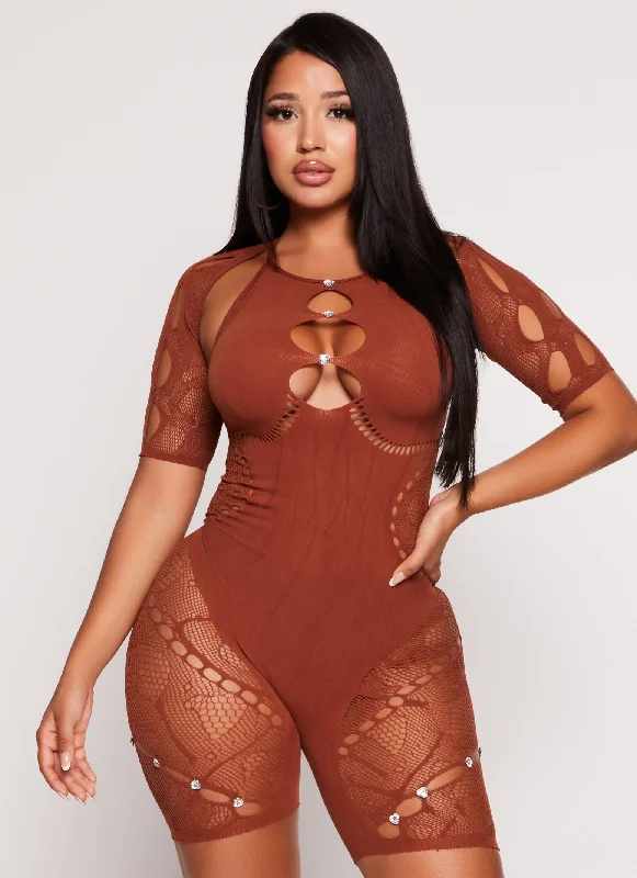 Rhinestone Cut Out Seamless Biker Romper