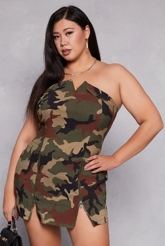 Plus Size Camo Zipper Detail Tube Dress