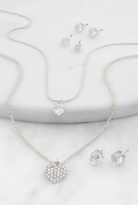 Cubic Zirconia Pendant Layered Necklace and Earring Trio