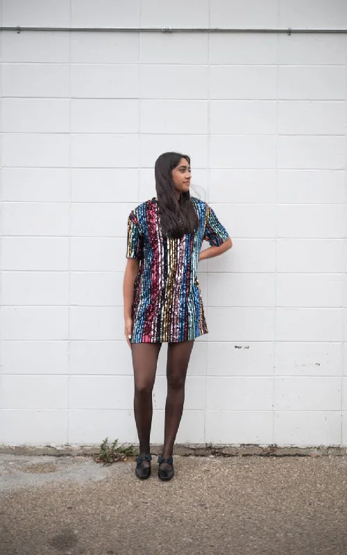 Apricot- Sequin Stripe T-Shirt Dress