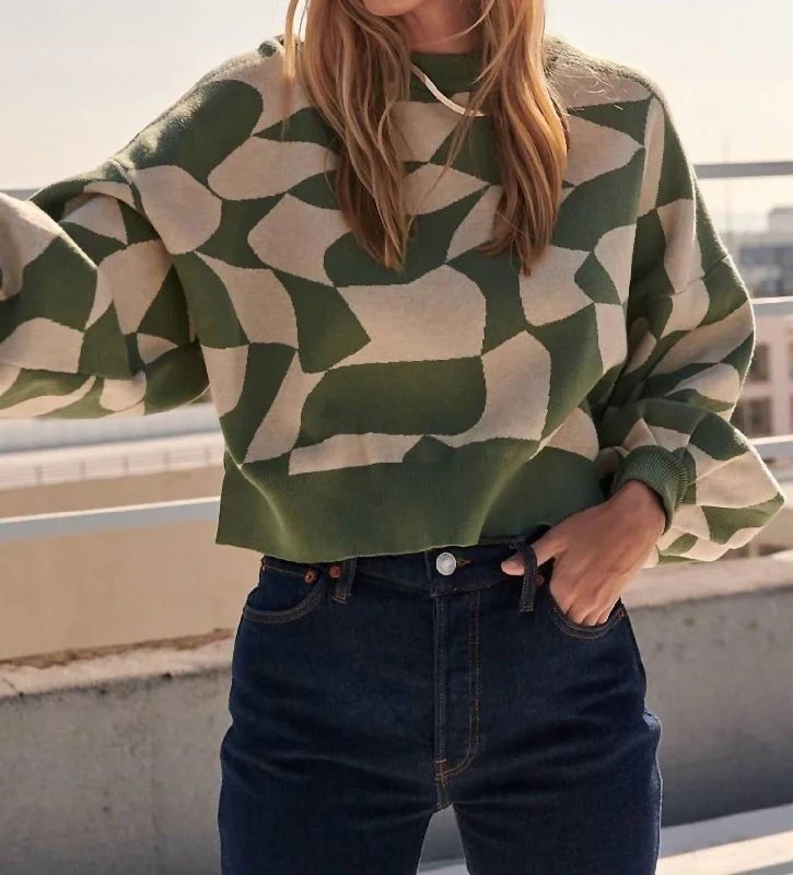 Abstract-Pattern Knit Sweater In Green/beige Abstract