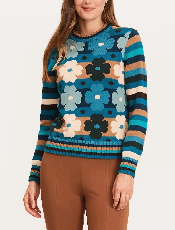 Floral Stripe Crew Sweater In Multi