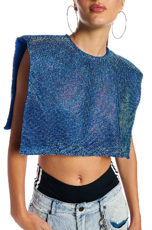 DISCO BABE SLEEVELESS RHINESTONE CROP TOP IN BLUE