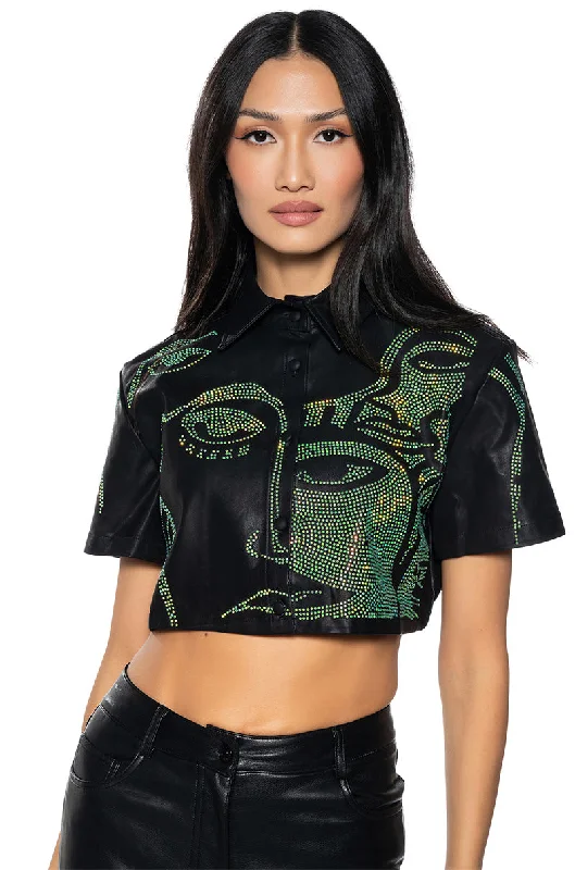 GIVING FACE CROPPED FAUX LEATHER BUTTON DOWN TOP