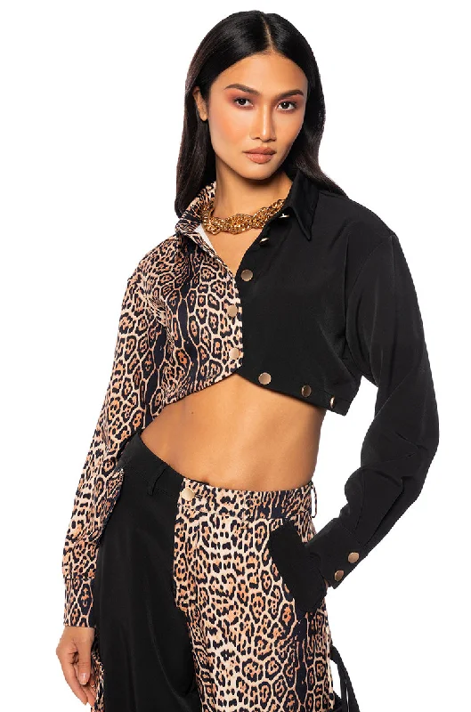 INTO THE JUNGLE BUTTON DOWN CROP BLOUSE