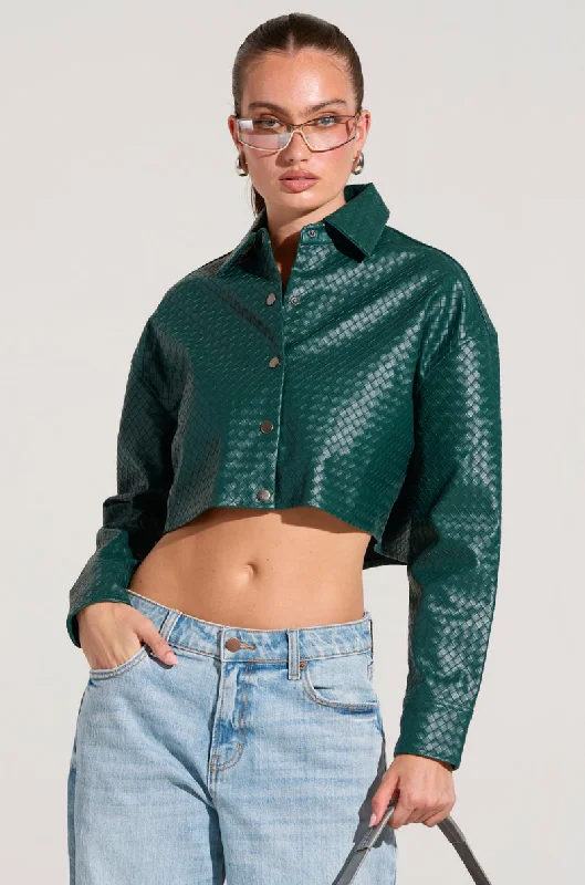 LUXURY GIRL WOVEN PU CROPPED SHIRT IN GREEN